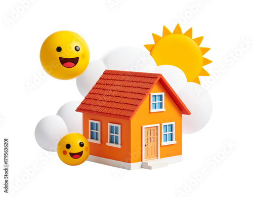 Cartoon Style Orange House Emoji with Sun and Clouds – Transparent PNG