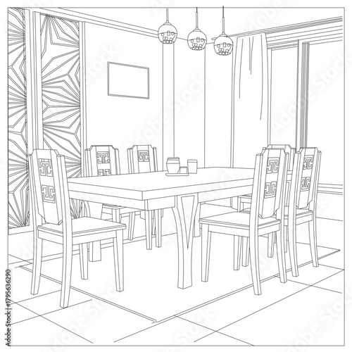 Elegant line art illustration of a modern dining room with table, chairs, lighting and wall decor.
Perfect for interior design guides, furniture catalogs, home decor projects and architectural visuals