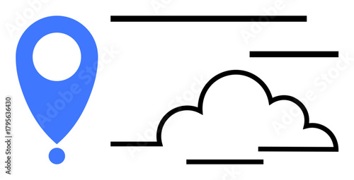 Blue location pin and stylized cloud lines evoke movement, connection, technology, travel, digitalization, communication, and simplicity. Ideal for logistics, mapping weather navigation data