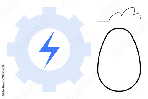 Gear with blue lightning bolt inside, egg outline next to cloud line. Ideal for innovation, energy, startup, creativity, technology, growth productivity. Simple flat metaphor
