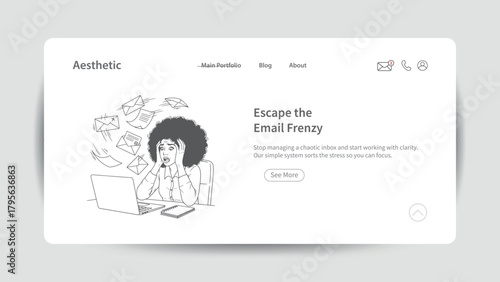 Stressed woman overwhelmed by flying emails and laptop in website design vector illustration