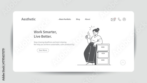 Woman with coffee cup leaning on filing cabinet in minimalist website design holding