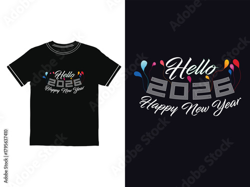 Colorful graphic design celebrates the arrival of the new year 2026 with balloons