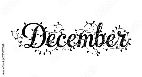 Elegant handwritten december text adorned with festive string lights and swirling vines