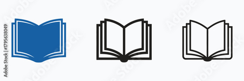 open book icons set displayed on clean white background, including minimalist, classic, and modern designs, suitable for educational, library, or publishing applications.