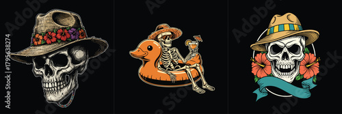 Tropical Skull and Skeleton Vacation Illustration