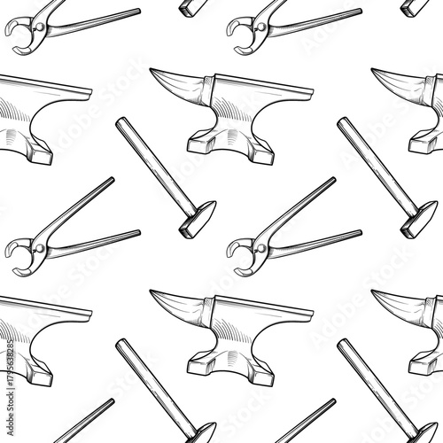 Hammer, pincers and anvil. Seamless vector pattern.