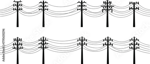 Silhouette utility poles with crossarms, insulators, multiple electrical power lines, energy distribution