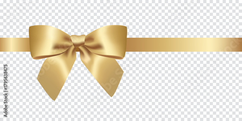 Beautiful gold bow with horizontal ribbon isolated on transparent background made in realistic style. Vector illustration.
