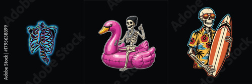 Skeleton characters enjoying leisure activities and anatomical illustration