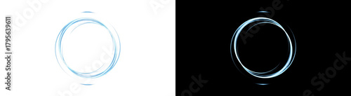 An abstract glowing light blue circular ring design with dynamic lines is presented on both a clean white and a dark black background, creating a modern and energetic visual effect