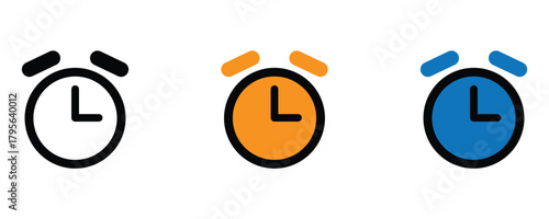 Three colorful alarm clocks set to wake you up on time, a reminder for deadlines, appointments, and daily routines to boost productivity