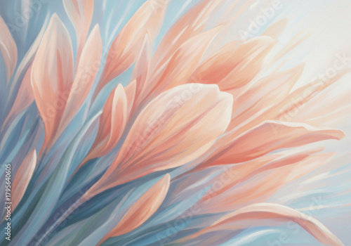 Abstract floral oil painting background with pastel peach and blue petals.