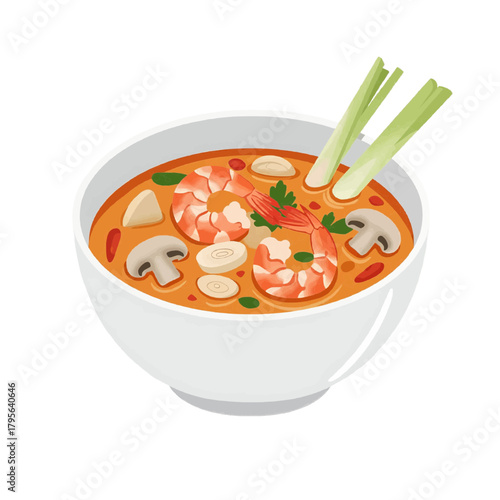 Tom Yum soup with shrimp and mushrooms, vector style, orange red white, Thai seafood dish
