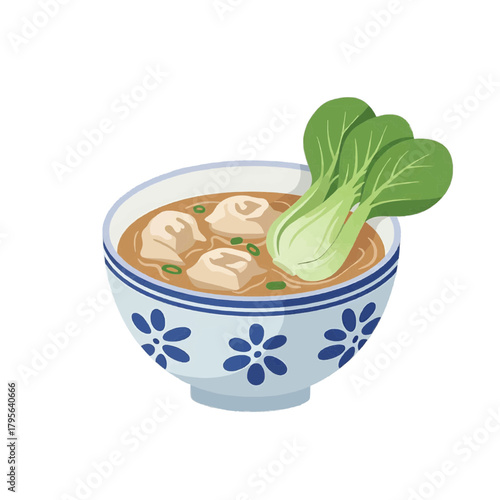 Wonton soup with bok choy in floral bowl, cartoon style, brown green white, Chinese dumpling