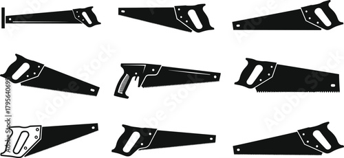 saw, hand, silhouette, icon, vector, black, blade, tool, grip, teeth, carpentry, woodworking, equipment, outline, design