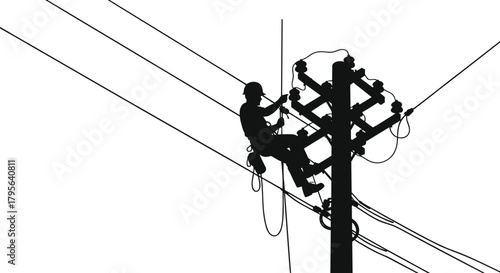 Silhouette utility worker climbing power pole with safety gear, electrical power lines, insulators