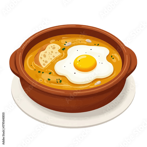 Garlic soup with fried egg in terracotta bowl, cartoon style, brown yellow white, Spanish food