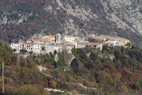 Historical Village of Castel San Vincenzo Clinging to Mountain Slope in Autumn