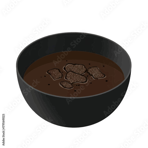 Chocolate pudding in black bowl, stylized vector, dark brown black, gourmet dessert icon