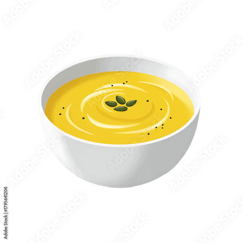 Pumpkin cream soup in white bowl, digital painting, bright yellow green, healthy autumn harvest