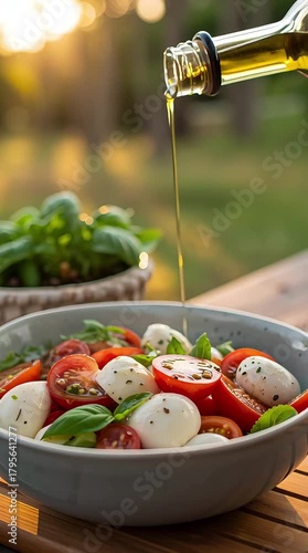 Olive oil being drizzled over Caprese salad, tomatoes and mozzarella glistening, warm summer outdoor lighting
