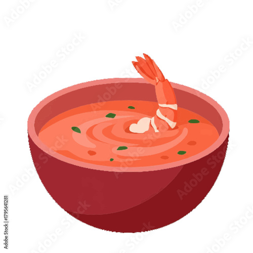 Shrimp tail in red soup bowl, digital illustration, coral red pink, fine dining menu icon