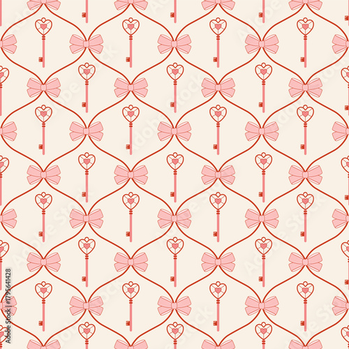 A seamless pattern with pink bows and elegant heart-shaped keys