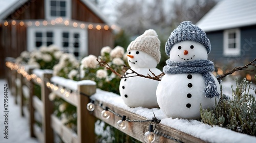 Snowmen couple celebrating winter holidays on a snowy fence