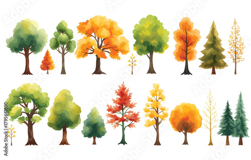 A collection of watercolor-style trees in various shapes, sizes, and autumn colors, including green, orange, and red foliage, set against a white background.