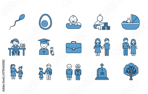 A set of blue icons illustrating the various stages of the human life cycle from birth to death.