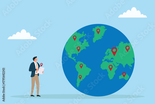 Vector illustration of a businessman using a tablet to analyze global locations on a world map, representing international business and strategic planning
