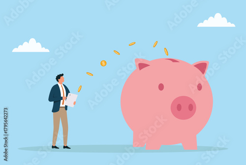 Vector illustration of a businessman transferring money to a piggy bank using a smartphone, representing mobile banking, digital savings, and financial management

