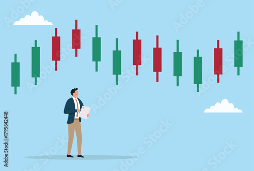 Vector illustration of a businessman analyzing market trends with candlestick charts using tablet representing financial fluctuations and investment decision-making

