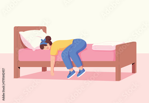 Exhausted woman lying face down on bed, feeling burnout and depression after hard work, vector illustration