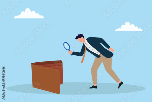 Vector illustration of a businessman examining an empty wallet with a magnifying glass, symbolizing financial inspection, budget checking, expense review, money management, and cost analysis
