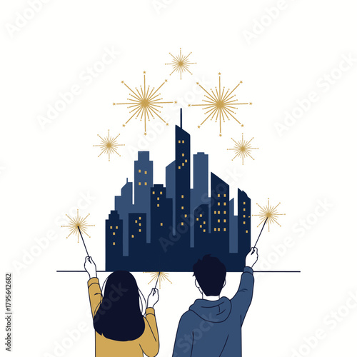 City skyline illuminated by fireworks viewed from a crowd of people