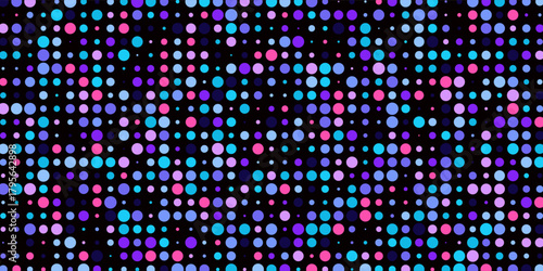 Purple disco party seamless pattern. Circle sequin mosaic texture background. Abstract shining colorful halftone wallpaper. Pop up comic glitter sparkles backdrop. Retro vector design template