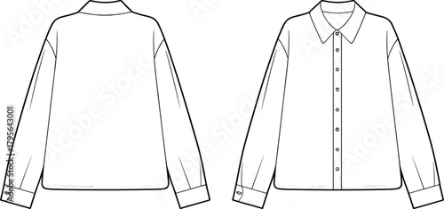Womens long sleeve button up shirt technical fashion flat, front and back view, sewing pattern template, minimal line art garment blueprint vector