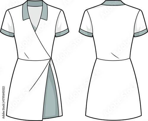 Wrap dress fashion flat, short sleeve belted wrap front dress template, professional cad technical garment drawing front and back