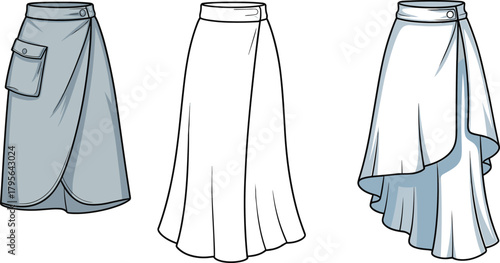 Wrap skirt fashion design, women skirt CAD flat sketch, vector illustration with asymmetrical hem and pocket detail for designers