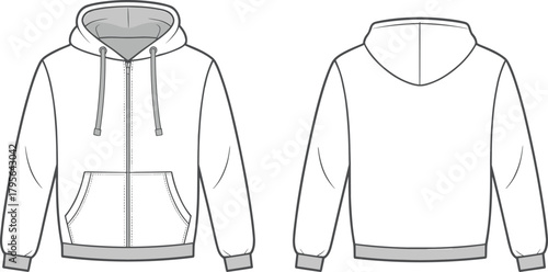 Zip hoodie fashion flat, kangaroo pocket hooded sweatshirt template, detailed cad technical drawing front and back for apparel production spec sheet and mockup use