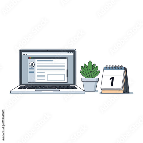 A laptop small plant and calendar displayed on a white surface