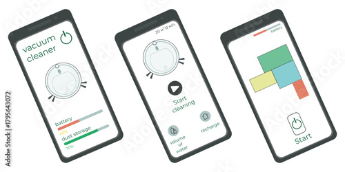 Set, 3 mobile phones, app, robot vacuum cleaner control, cleaning, apartment plan, button, robot vacuum cleaner, charging station