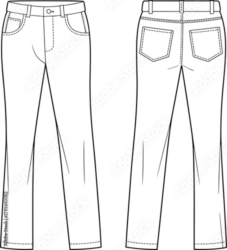 Women’s straight jeans CAD mockup flat vector illustration, denim pants technical drawing, fashion flat sketch template