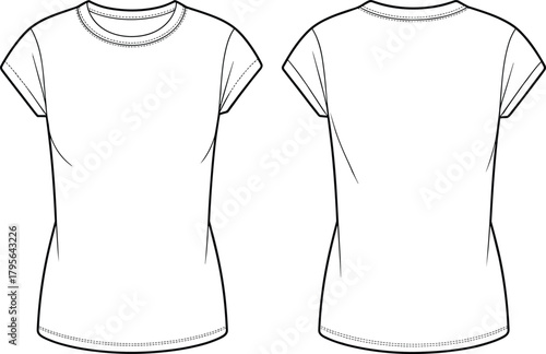 Women's fitted t-shirt technical flat sketch front and back, short sleeve female apparel outline template for fashion design, cad drawing flat vector illustration