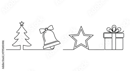 Minimalist continuous line drawing of christmas tree bell star and gift box on white background