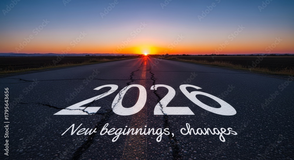 Fototapeta premium New Year Road to Future - An open road leads to the horizon with a bright sunrise. The year 2026 represents new beginnings and positive changes ahead