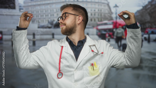 Tableau sur toile Man doctor in white coat with red stethoscope and raised hands pinching fingers on a rainy city street; playful confidence