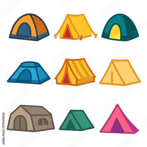 Vibrant cartoon tents collection with nine unique designs